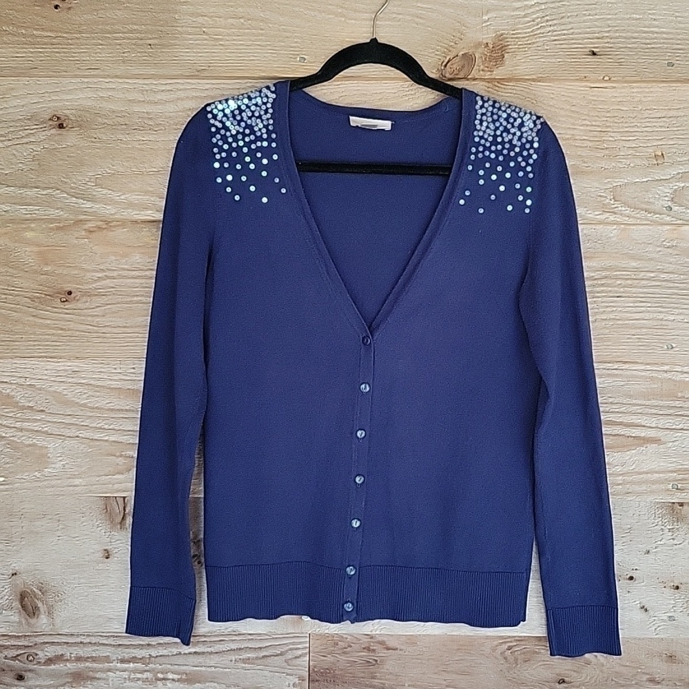 Loft Size Small Navy Blue Cardigan with Clear Sequins on the Shoulders